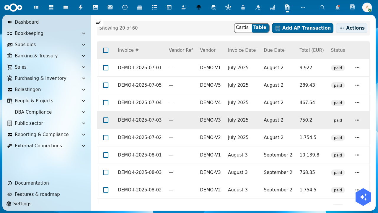 Accounts payable index showing open supplier invoices