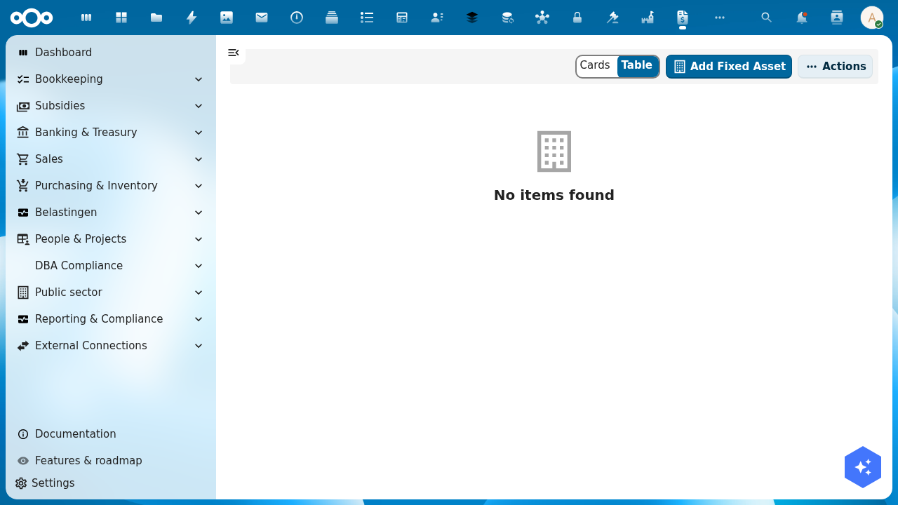 Fixed assets index showing empty state with Add Fixed Asset button