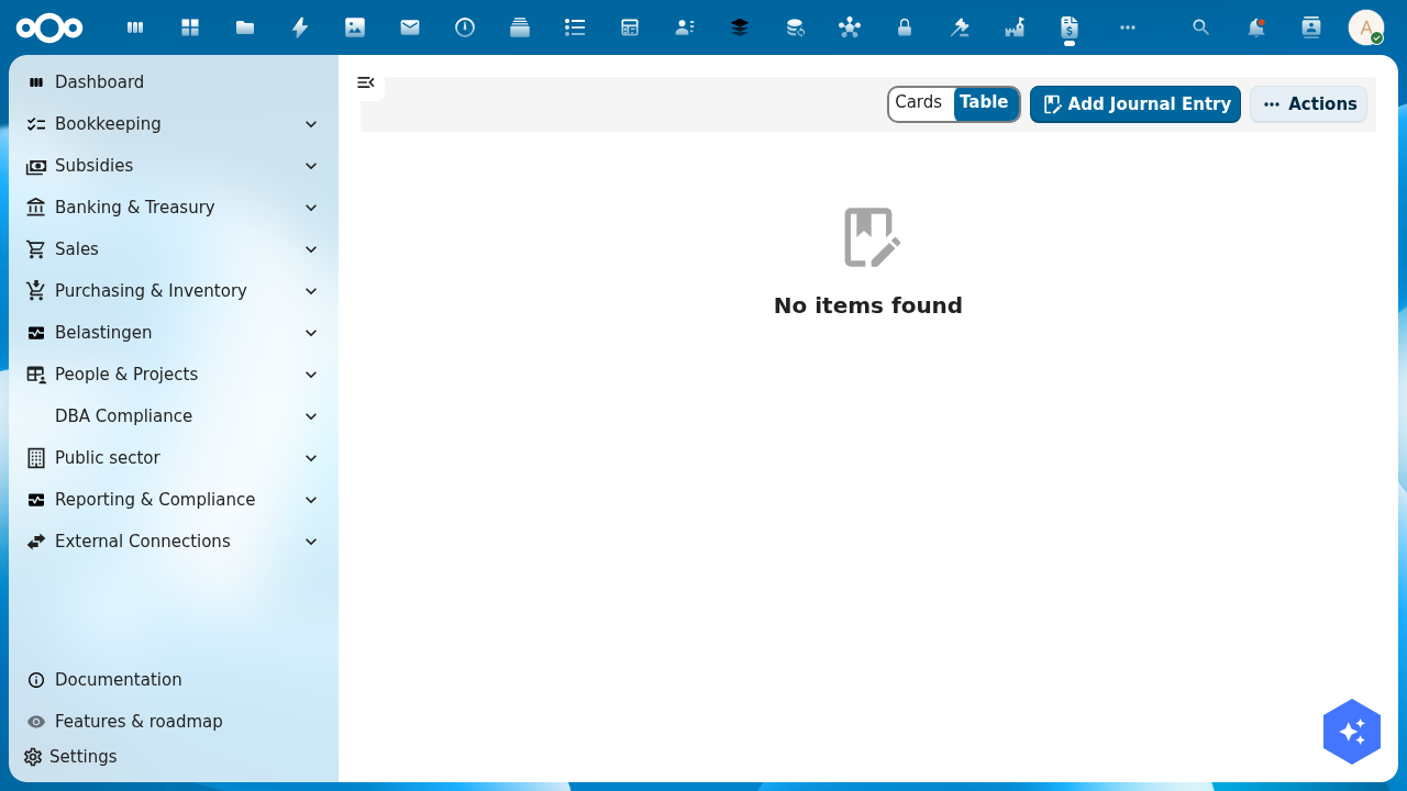 Journals index showing empty state with Add Journal Entry button